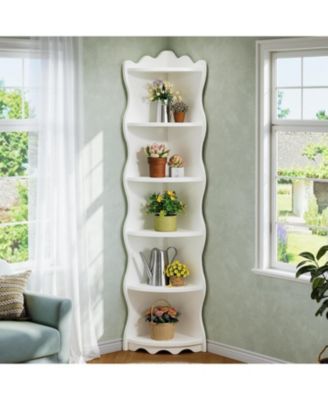 White Corner Shelf, 70.8-Inch Tall Modern Free Standing Corner Bookshelf, 5-Tier Display Corner Bookcase