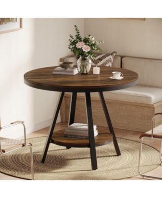 2-Tier Industrial Round Dining Table, Small Kitchen Dinner Table for 2-4 People, 35-Inch Circle Wood Kitchen Table