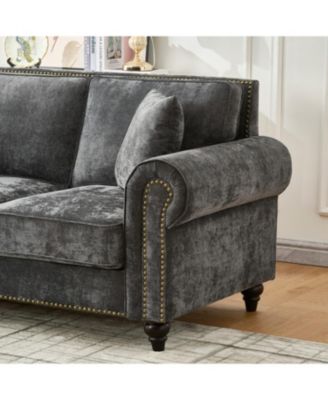 63" Modern 2-Seater Chenille Sofa, Rolled Arms, Nailhead Trim