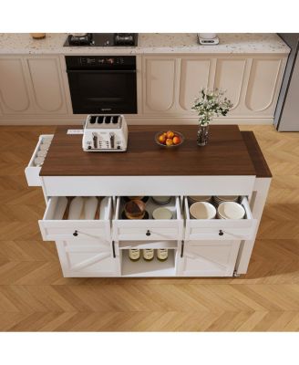 74.8" White Kitchen Island with Extendable Table, Power Outlet & Storage