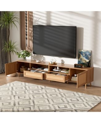 Rattan Cabinet TV Stand for TVs up to 90", Modern Farmhouse Media Console with Solid Wood Legs