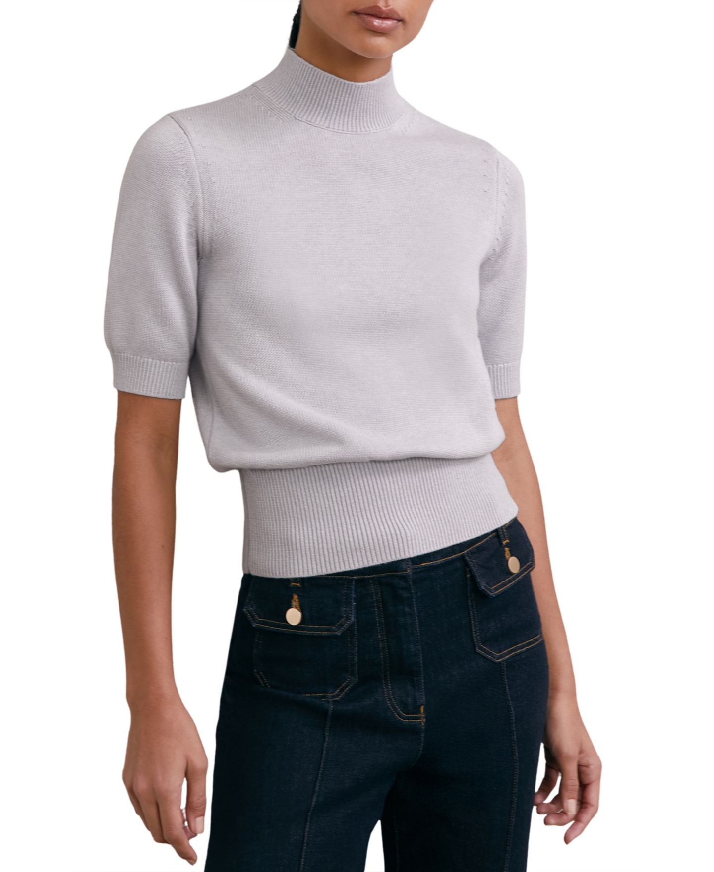 Женский топ REISS Aria Cotton and Wool Funnel-Neck Knit, цвет: Серый — фото 1
