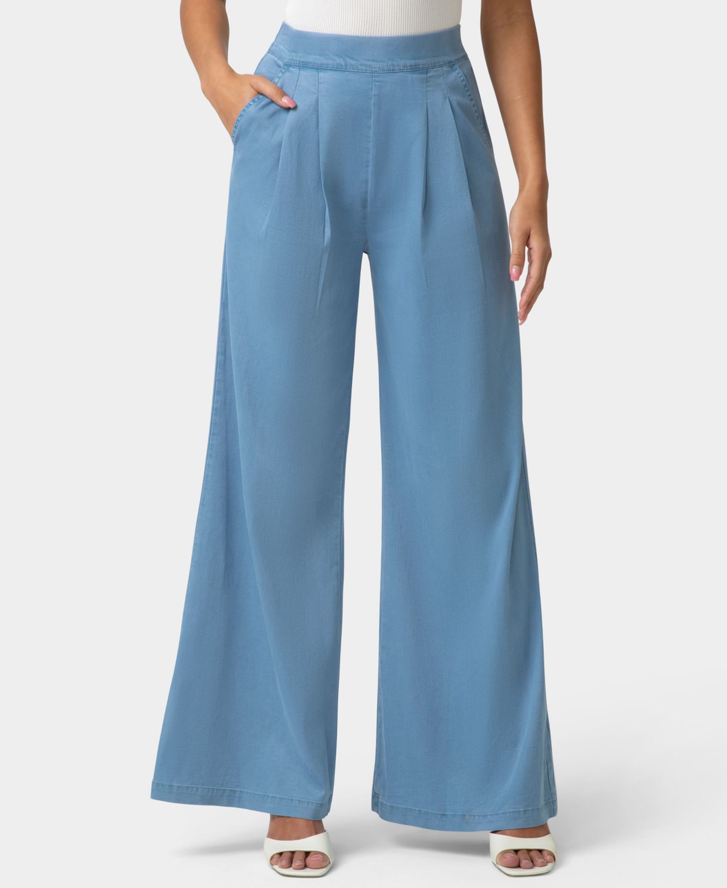 Женские брюки Hue Fluid Denim Palazzo Pant, цвет: Шамбре варёный — фото 4