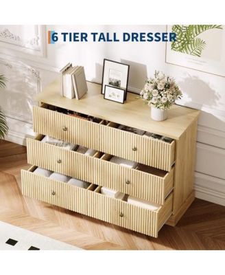 6 Drawer Dresser for Bedroom, Horizontal Chest of Drawers, Fluted Panel Wood Dresser