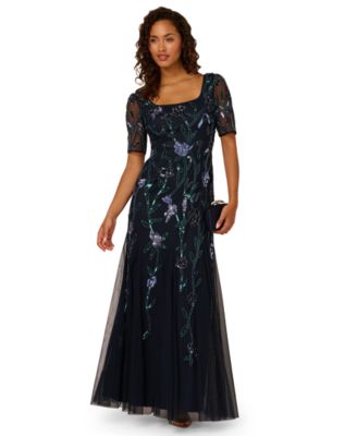Women's Square-Neck Beaded Mesh Gown