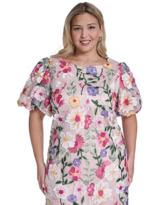 Eliza J Plus Size Boat Neck Floral Embroidered Mesh Dress - Multi