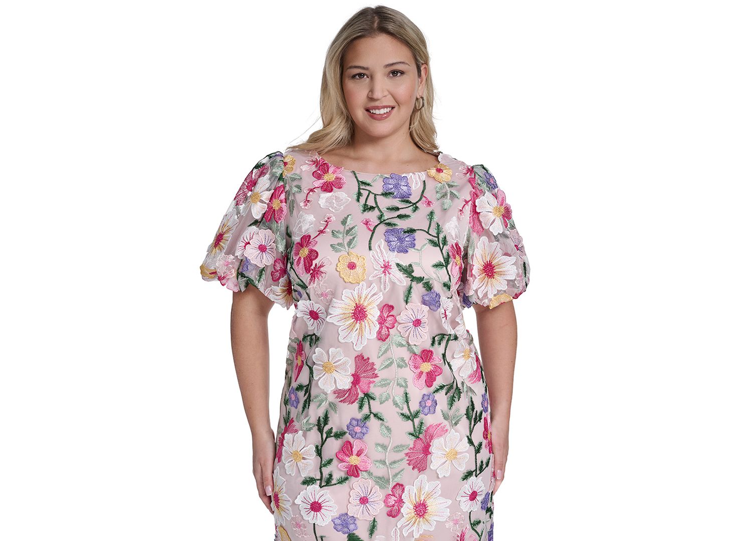 Petite Boat Neck Floral Embroidered Mesh Dress