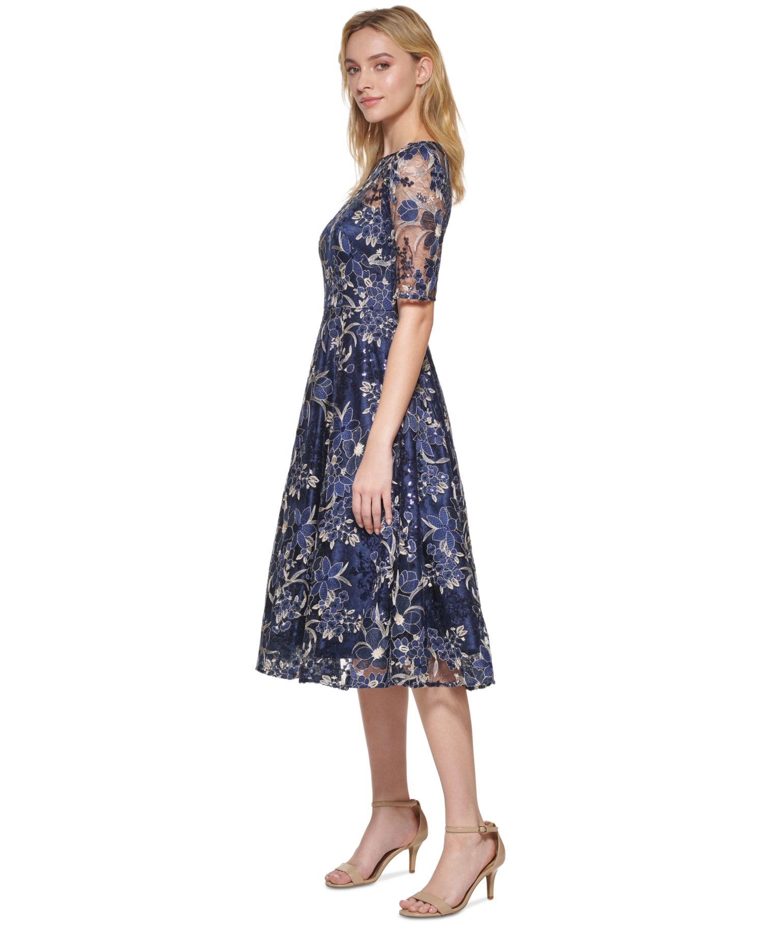Women's Elbow-Sleeve Illusion Yoke Short Dress