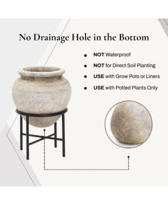 14" Dia Large Planters for Indoor Plants, Indoor Plant Pots with Stand, Distressed Cachepot for Living Rooms, Entryway, Office