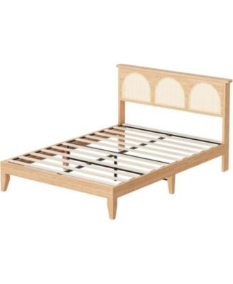 Boho Rattan Bed Frame Wood Platform Smart RGB LED Rattan Headboard Under Storage No Box Spring Easy Assembly