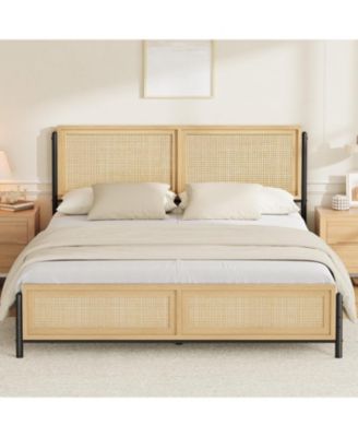 Bed Frame with Rattan Headboard and Footboard, Boho Wooden Platform, No Box Spring Needed, Easy Assembly