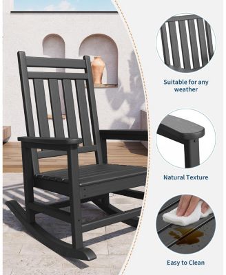 HDPE Outdoor Rocking Chair, High Back Patio Rocking Chairs with Wide Armrests, All Weather Porch Rocker for Lawn, Deck