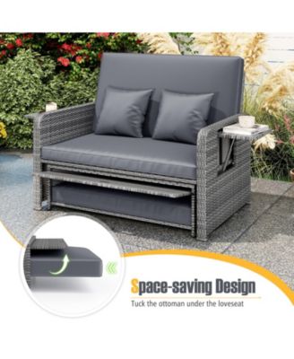 Patio Daybed Set Rattan Loveseat Sofa Set w/ Adjustable Backrest Cushions