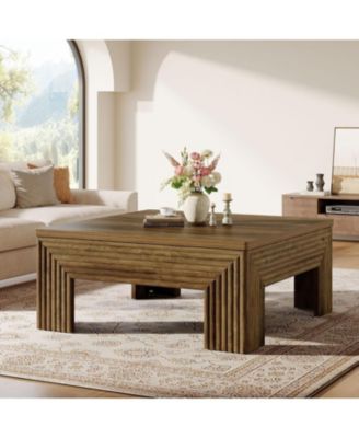 Square Coffee Table for Living Room, 39.4'' Large Wood Center Table with Unique Fluted Legs, Farmhouse Low Cocktail Tea Accent Table