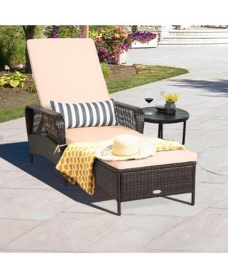 PE Rattan Chaise Lounge Chair Armrest Recliner Adjustable Pillow