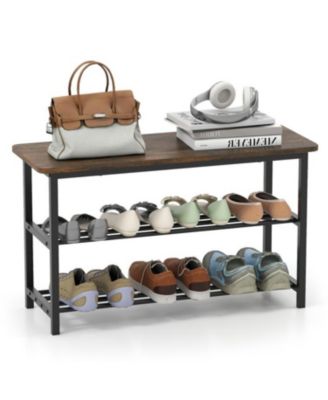 3-Tier Shoe Rack Bench with Metal Shelves & Wooden Seat