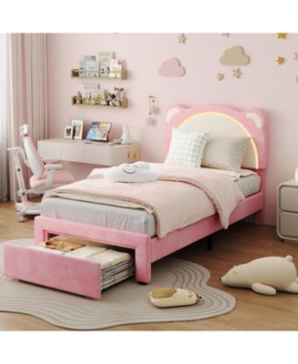 Bed Frame Adjustable LED Headboard Storage Drawer Wooden Slats No Box Spring