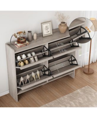 Shoe Cabinet with 4 Flip Drawers, Hidden Shoe Storage Organizer for Entryway, Wooden Shoe Rack with Adjustable Shelf, Cupboard