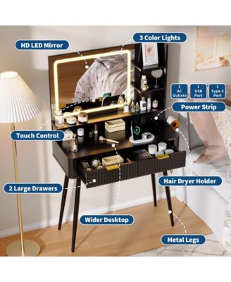 Mid-Century Modern Makeup Vanity Desk with Lighted Mirror.