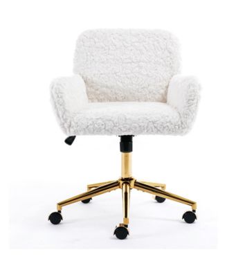 Faux Fur Home Office Chair, Adjustable Swivel Desk Chair, Upholstered Computer Chair with Wheels and Gold Base for Home Office