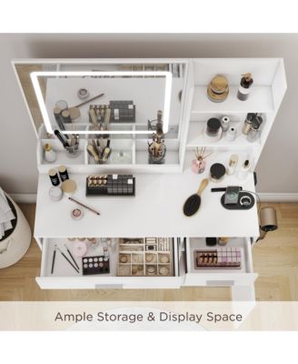 Makeup Vanity Table with LED Light Mirror, Charging Station, 2 Drawers and Storage Cabinet, Dressing Table Set with Stool for Bedroom