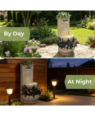 Tall Polyresin Fountain with Planter, Lighted Outdoor Water Feature