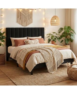  Velvet Upholstered Platform Bed Frame with Vertical Channel Tufted Headboard, Adjustable Height, Noise Free