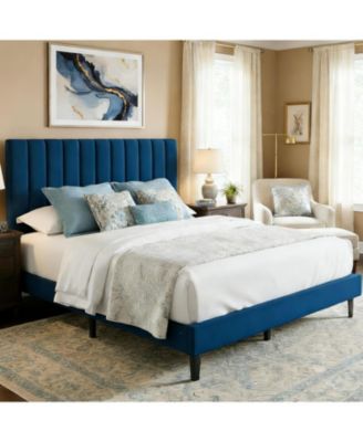 Queen Velvet Upholstered Platform Bed Frame with Vertical Channel Tufted Headboard, Adjustable Height, Fits 8–12" Mattress, Noise-Free