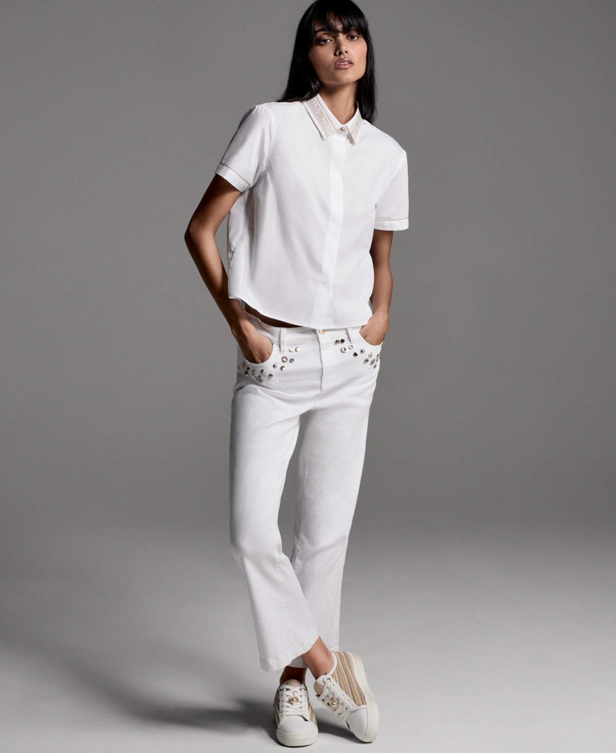Karl Lagerfeld Paris Women's Short-Sleeve Collared Top
