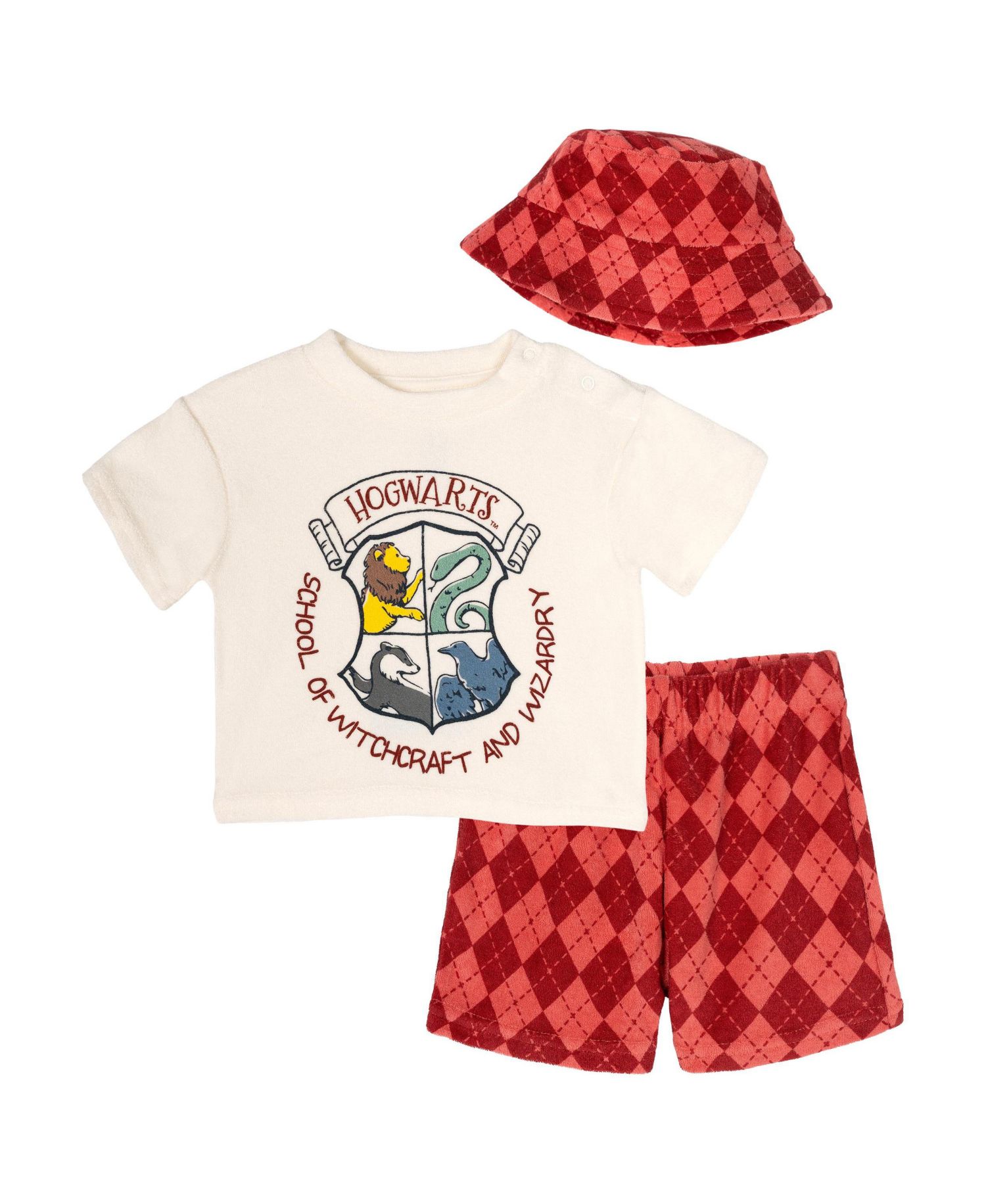Baby Boys 3-Pc Hogwarts Crest Top, Argyle Shorts & Reversible Bucket Hat Set