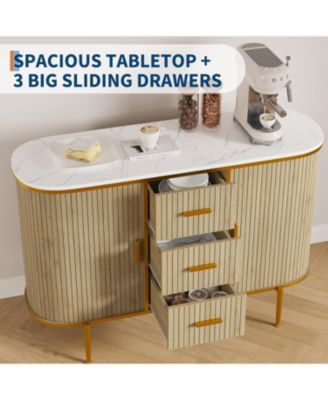 50" Mid Century Fluted Buffet Cabinet, Modern Coffee Bar Console Table with Faux Marble Top & Curved Sliding Doors, Storage Accent Cabinet