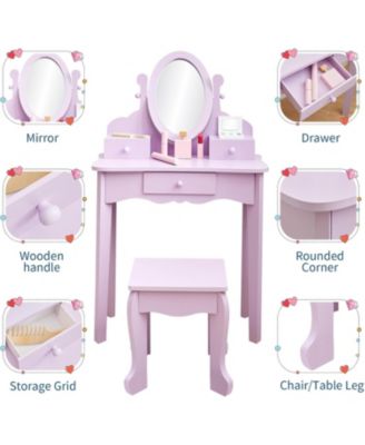 Kids Wooden Princess Vanity Set with Adjustable Mirror, Stool and Drawers