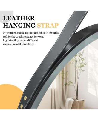 24" Black Circle Hanging Vanity Mirror for Wall with Leather Strap 3 Colors Dimmable for Bedroom Entryway
