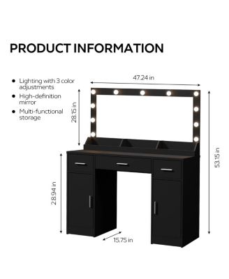 Vanity Desk with Large Mirror, 3 Color Lighting Modes, Adjustable Brightness