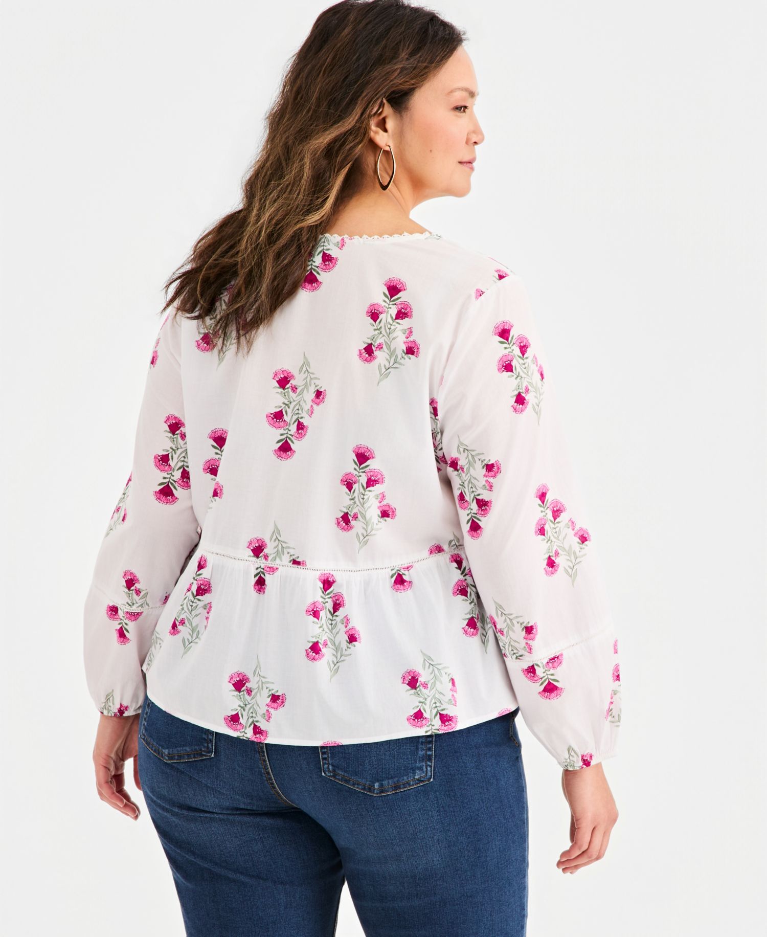 Plus Size Printed Split-Neck Peplum Popover Blouse