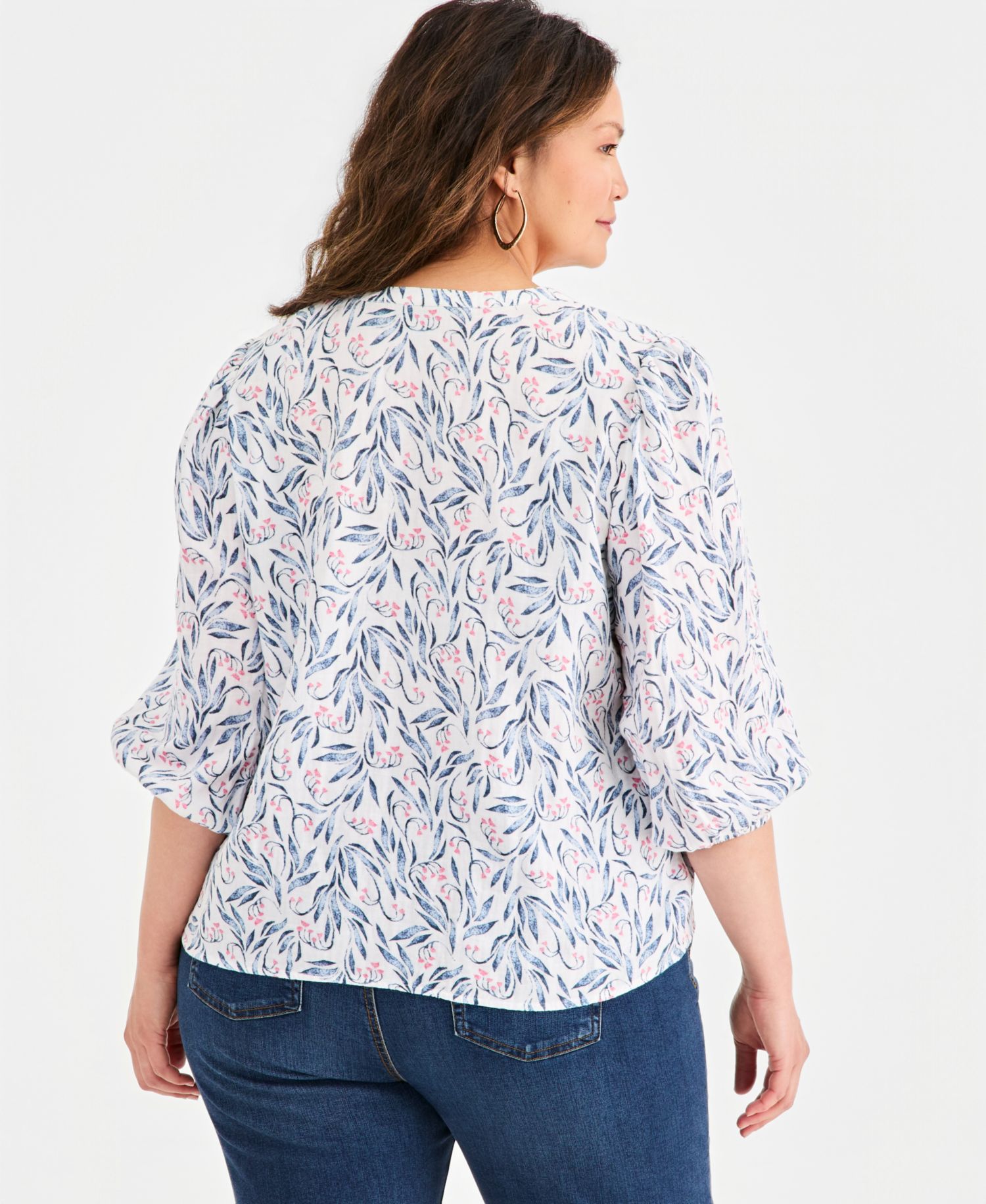 Plus Size Printed Cotton Gauze 3/4-Sleeve Top