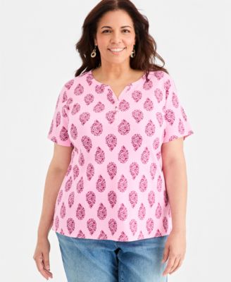 Plus Printed Short-Sleeve Henley Top