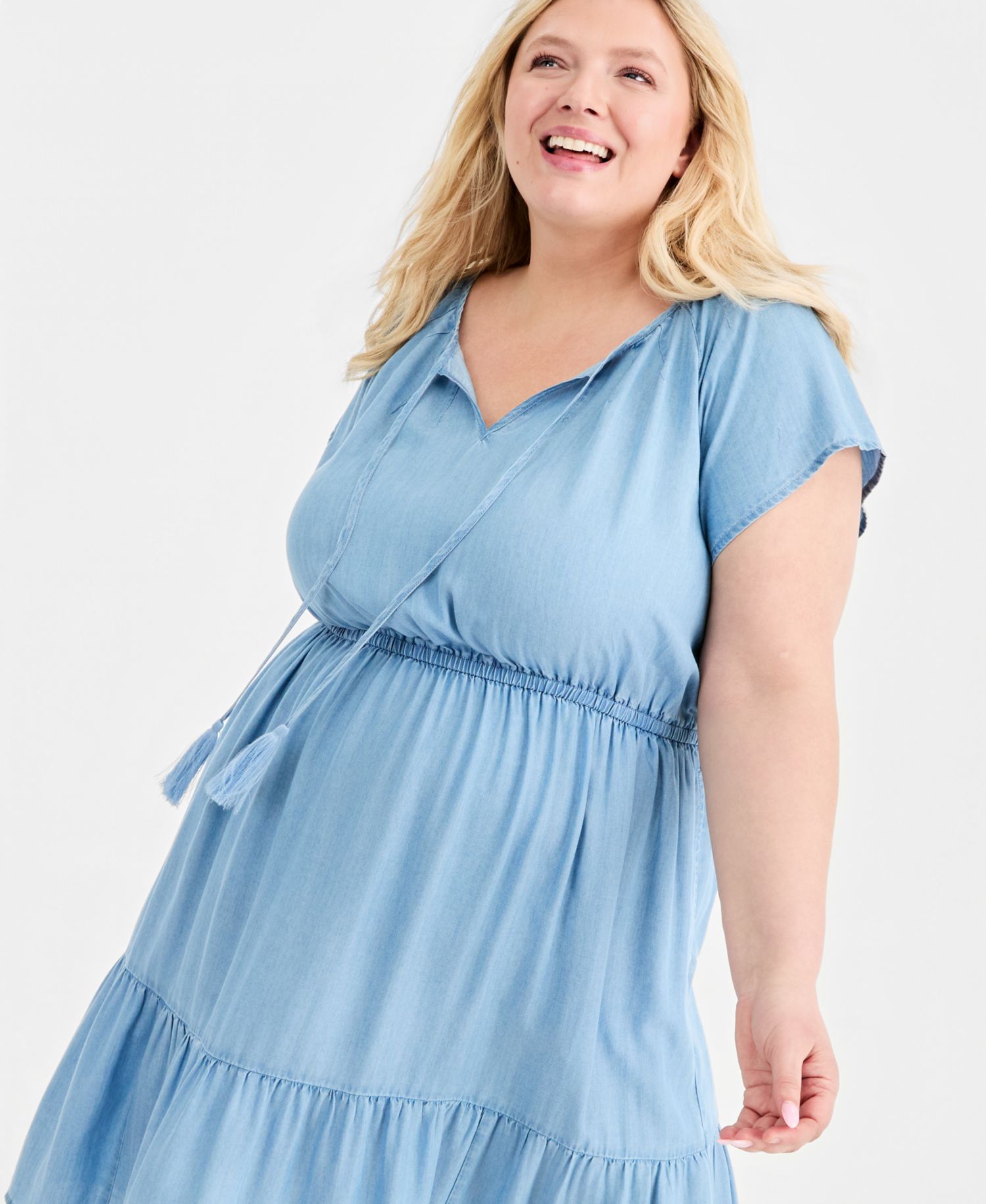 Plus Size Chambray Tiered Midi Dress
