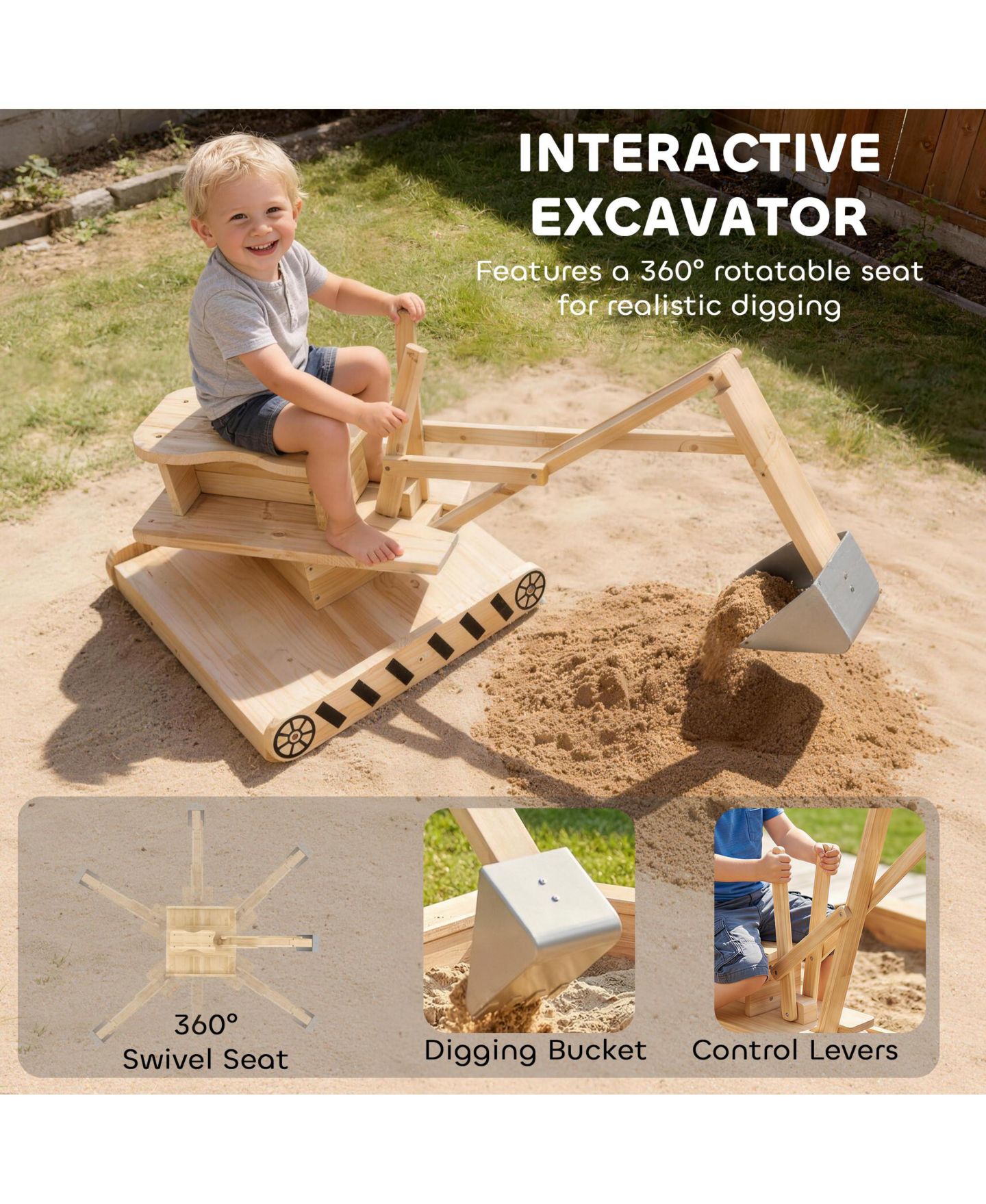 Детская игрушка Qaba Wooden Sandbox with Digger, 72.4"L x 35.4"W x 22"H, 360-Degree Rotating Seat, 110 lbs Capacity, Ages 3-6, цвет: Натуральный — фото 4