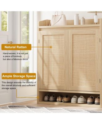 Large Capacity Rattan Shoe Cabinet with 2 Doors,  Wooden Storage Organizer with Adjustable Shelves, Boho Style Storage