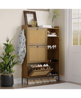 Rattan Shoe Cabinet with 3 Flip Drawers and 4 Tier Storage Freestanding Organizer Adjustable Shelves Bedroom