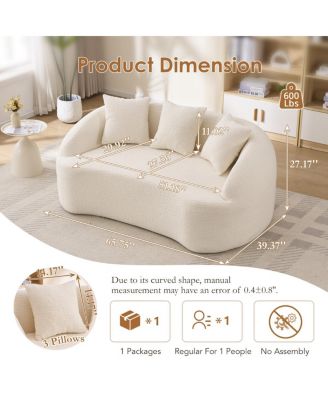 Curved Off-White Chenille Loveseat Couch with 3 Pillows