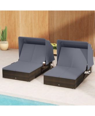 2-person Rattan Lounge Bed w/ Retractable Canopy 5-position Adjustable Backrest