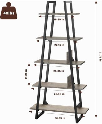 72" A-Shape Ladder Bookcase, 5-Tier Metal Frame Shelf with Adjustable Wood Shelves