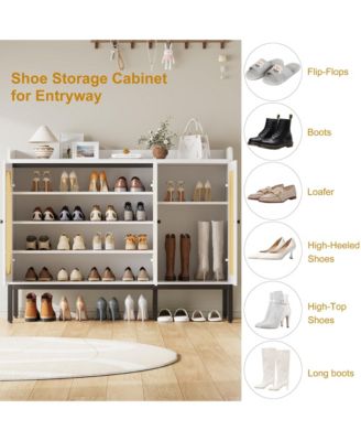 Rattan Large Shoe Cabinet with 3 Doors, 30 Pairs Boho Farmhouse Shoe Storage Cabinet with Adjustable Shelves for Entryway, Hallway, Living Room