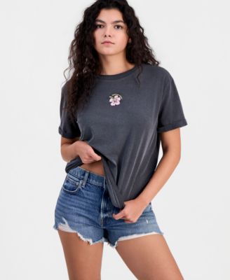 Juniors' Hibiscus-Embroidered T-Shirt 