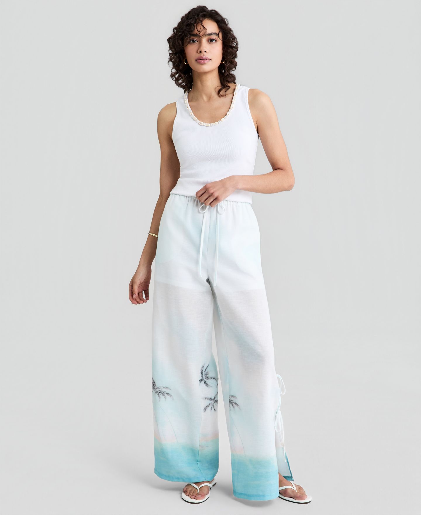 Женские брюки And Now This High-Rise Wide-Leg Drawstring, цвет: Пальмовый с принтом — фото 1