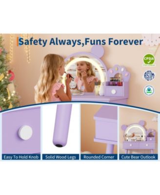 Kids Wooden Vanity Table and Chair Set with Touch Control Lighted Mirror and Drawers