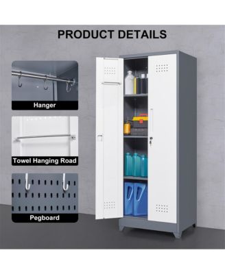 65" H Metal Broom Cleaning Tool Storage Cabinet With Locking Doors and Shelves
