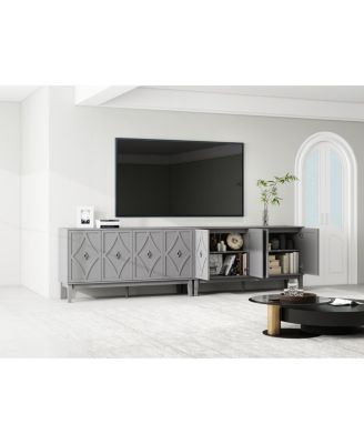 Vintage 4-door cabinet with hand-carved geometric doors and adjustable shelves